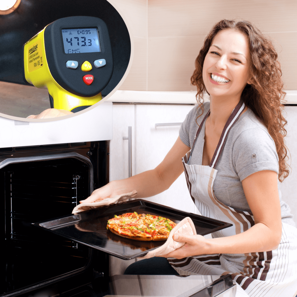 Woman Bakes a Perfect Pizza witht he ennoLogic IR Thermometer to Measure her Pizza Stone.